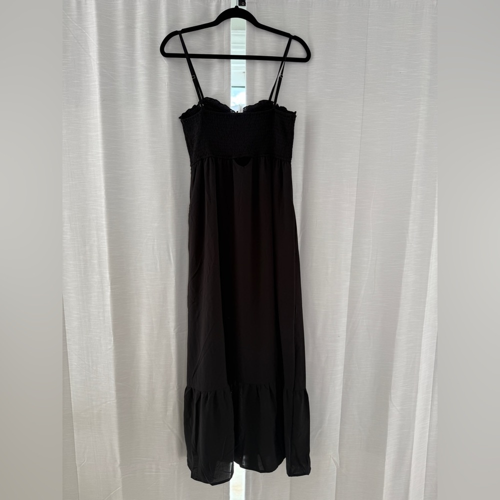 Black Smocked Maxi Dress | Button Front Sundress with Pockets Size M - Picture 8 of 11